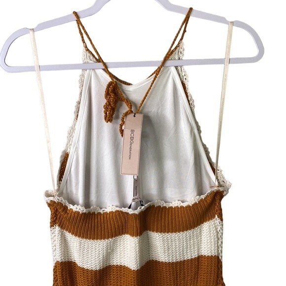 BCBG Sweater Halter Dress in Ivory & Caramel Spice Crochet Knit Stripe Lined - Picture 9 of 16